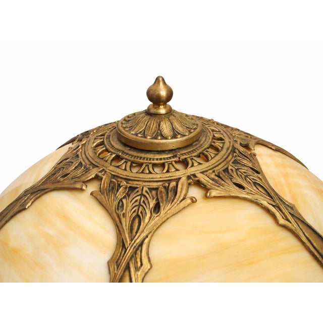 1930s Vintage Art Nouveau Style Amber Glass Table Lamp With Ornate Metalwork For Sale - Image 5 of 8