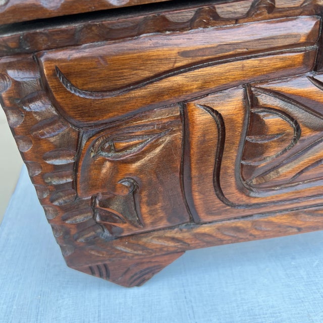 A Vintage Maya Themed Carved Mahogany Small Size Trunk, Honduras, Circa 1970's For Sale - Image 6 of 12