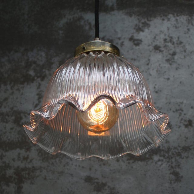 Mid-Century Modern Vintage French Holophane Clear Pressed Glass Pendant Light For Sale - Image 3 of 6