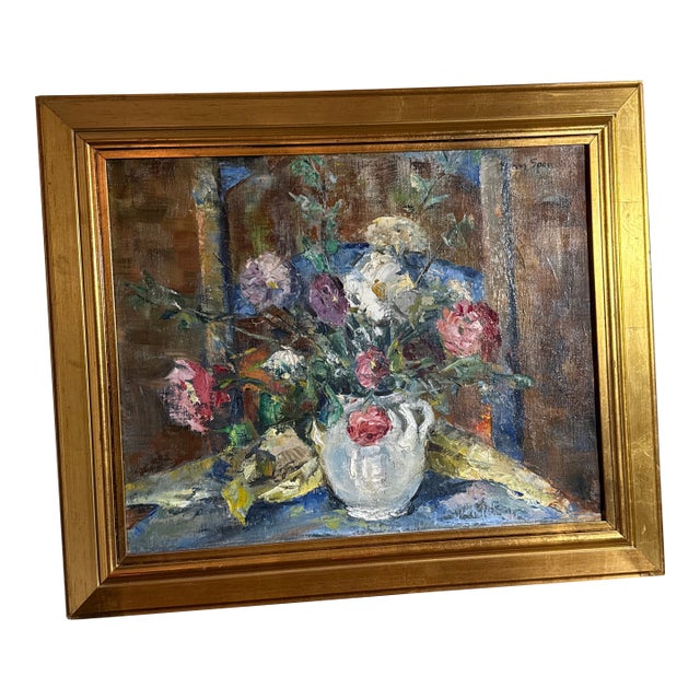 Vintage 1950s Floral Oil Painting by Listed Artist Jean Spencer For Sale