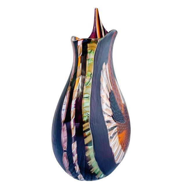 Mid-Century Modern Large Murano Glass Vase Hand-Blown High Spout Filigree by Colizza For Sale - Image 3 of 9