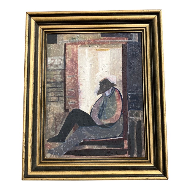 1950’s Modernist Abstract Expressionist Painting Man on Stoop Vintage Frame For Sale