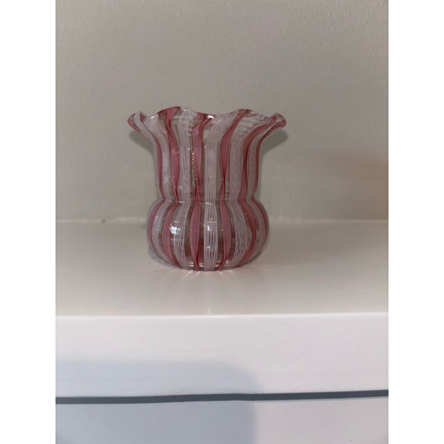 Mid 20th Century Murano Pink & White Latticino Filigree Glass Pitcher & Vase - Set of 2 For Sale - Image 11 of 12