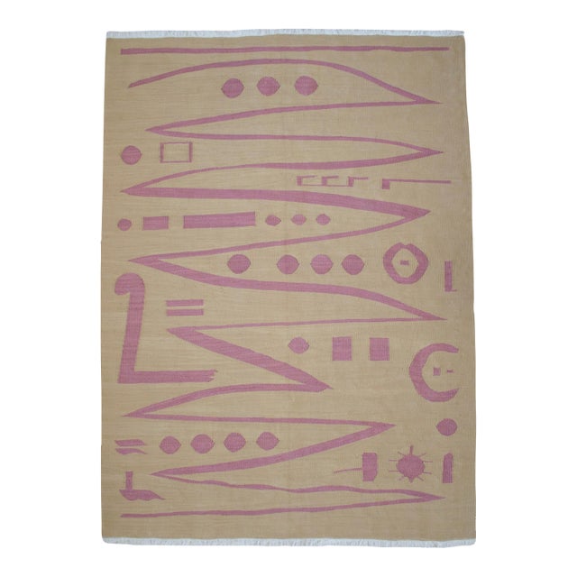 Handmade Modern Silk Rug Paul Klee Inspired Oushak Kilim Modernist Bauhaus Style Pink Beige 4x6 Ft Approx For Sale