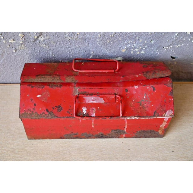 Vintage Industrial Patinated Red Metal Tool Box For Sale - Image 5 of 11