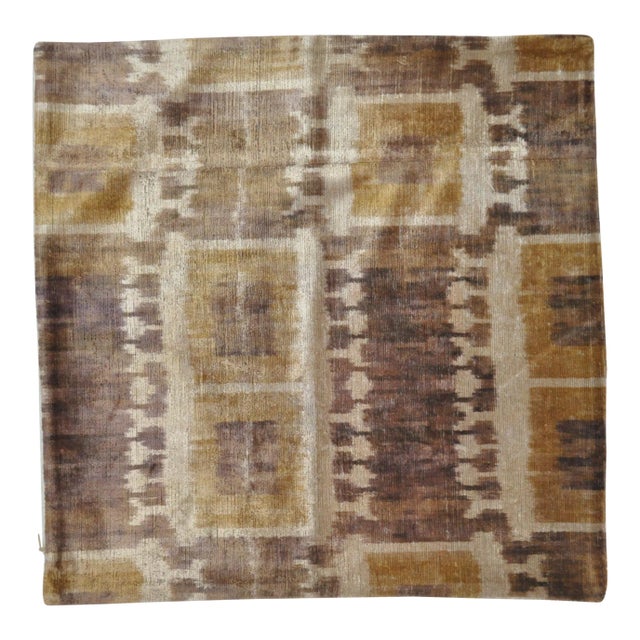 Brown & Yellow Geometric Patterned Silk Velvet Throw Pillow For Sale