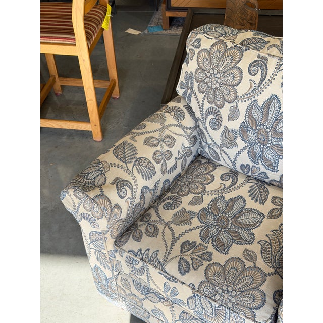 Pair of Smith Brothers Blue and Cream Botanical Floral Upholstered Rolled Armchairs For Sale - Image 4 of 6