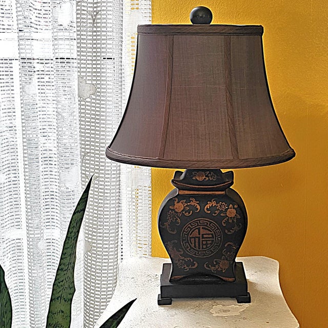 Asian Inspired Black & Brown Porcelain Medallion Table Lamp With Shade For Sale - Image 18 of 18