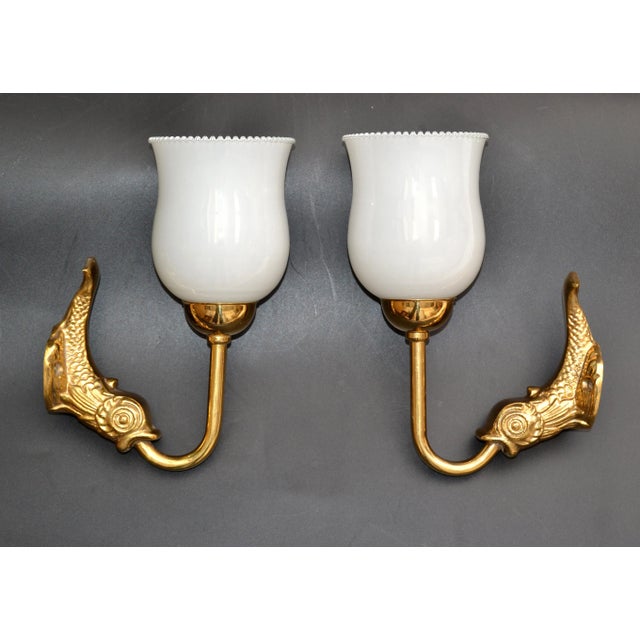 Maison Lancel Brass Dolphin Sconces Ruffled Opaline Glass Shade France 1950-Pair For Sale In Miami - Image 6 of 13