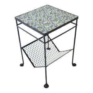 1950s Restored Mosaic Top Wrought Iron Table With Magazine Rack