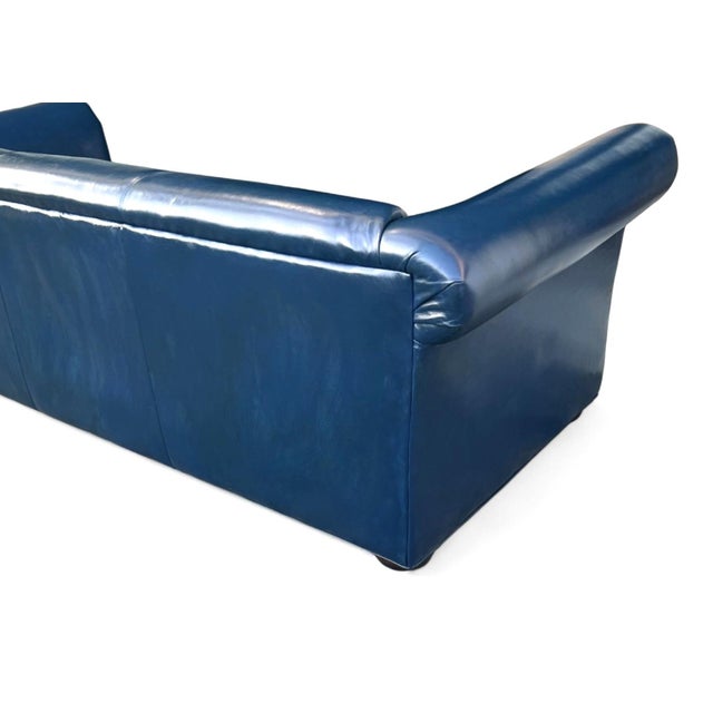 1960s Navy Blue Leather Roll-Arm Sofa With Brass Nailhead Trim and Wooden Bun Feet For Sale - Image 11 of 12