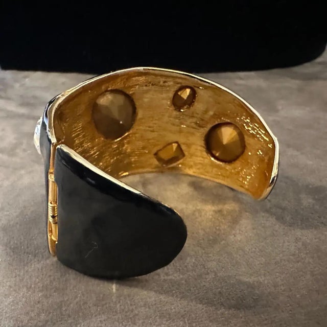 Art Deco A 2000s Black Enamel Brass and Rhinestone Bangle Bracelet by Kenneth Jay Lane For Sale - Image 3 of 13