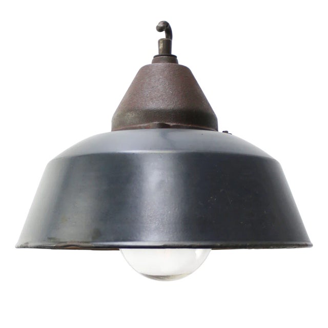 Vintage Industrial Blue Enamel and Cast Iron Pendant Lamp For Sale