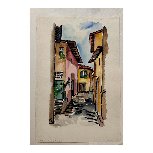 Henry Emil Salloch Original Watercolor on Paper via Del Pretorio, Barga, Italy. 1970. For Sale