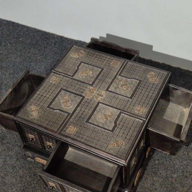 Bronze Antique Chinese Hardwood Jewelry Chest With Gilt-Bronze Inlay & Hidden Drawers For Sale - Image 8 of 9