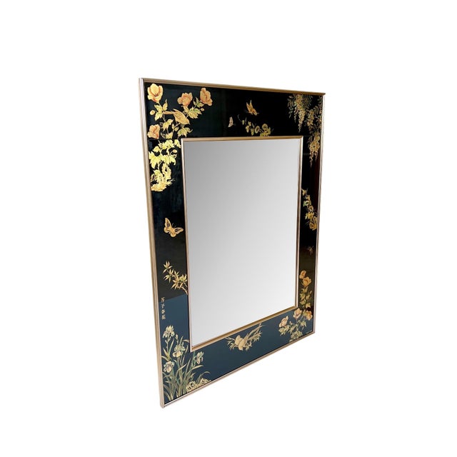 An exquisite late 20th century chinoiserie style La Barge reverse hand painted and gilt glass wall hanging mirror, signed...
