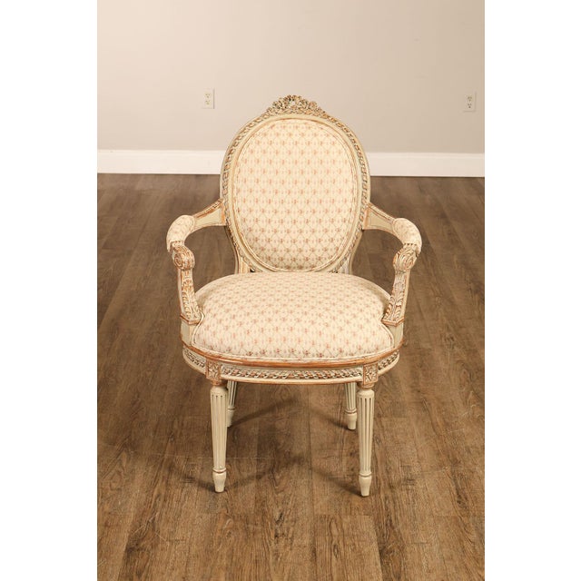 French Louis XVI Style Pair of Cream Painted Armchairs For Sale - Image 16 of 18
