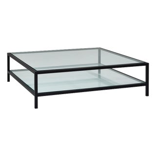 Square Coffee Table with Iron Frame and Double Glass Shelf, 1999 For Sale