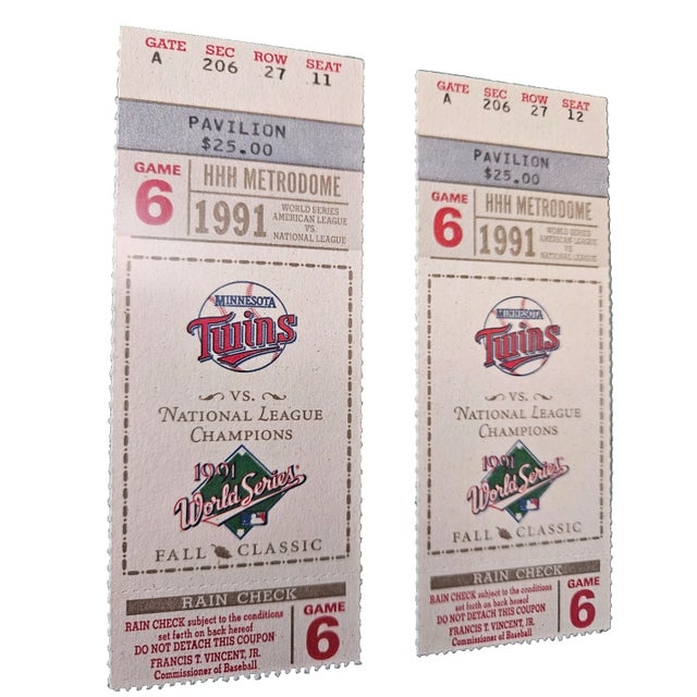 1990s Minnesota Twins World Series Homer Hanky Rally Towel Framed With Ticket Stubs. For Sale In Los Angeles - Image 6 of 9