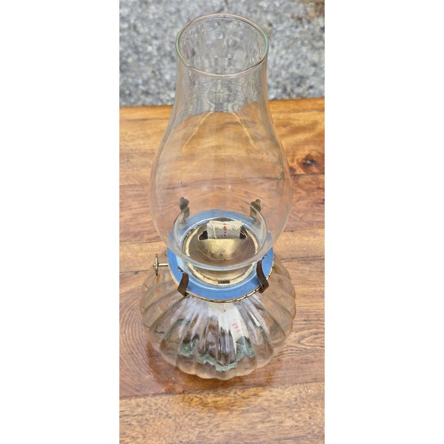 Metal Vintage Limited Edition Clear Ribbed Glass Oil Lamp With Chimney & Brass Gallery For Sale - Image 7 of 11