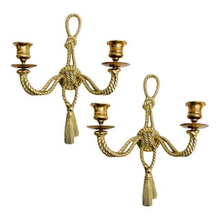 Vintage Andrea by Sadek Brass Rope & Tassel Two-Light Wall Sconces - A Pair For Sale