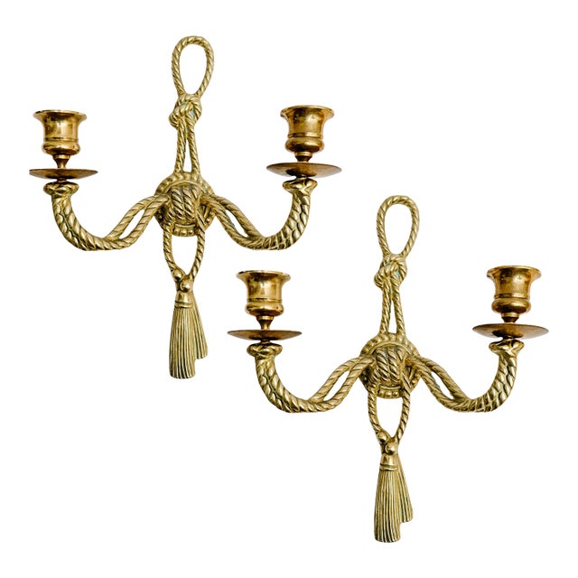 Vintage Andrea by Sadek Brass Rope & Tassel Two-Light Wall Sconces - A Pair For Sale