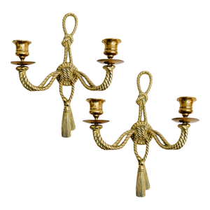 Vintage Andrea by Sadek Brass Rope & Tassel Two-Light Wall Sconces - A Pair