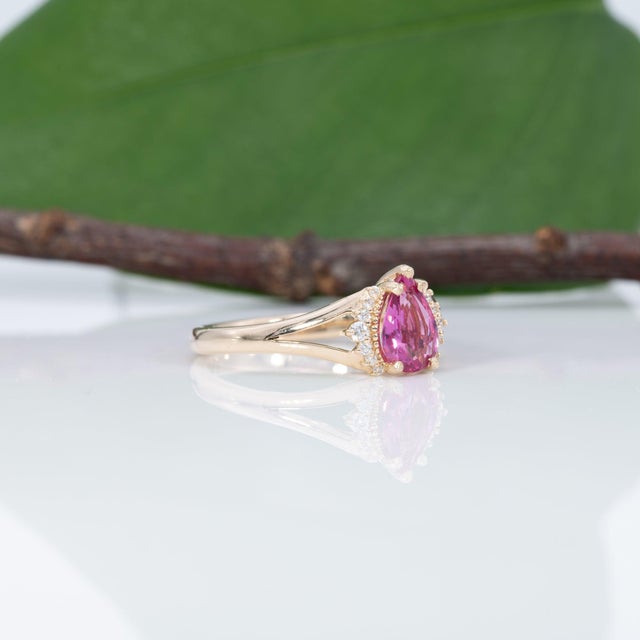 Metal Pink Sapphire Ring With Earth-Mined Diamond Accents: Solid 14k Gold, 8x5.3mm, Size 6.75 For Sale - Image 7 of 9