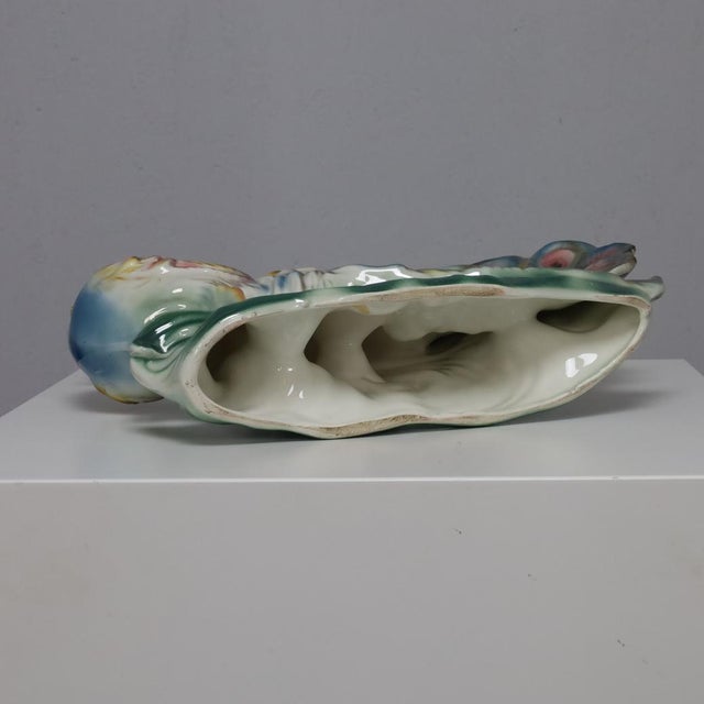 Green Italian Hand-Painted Ceramic Sculpture with Two Peacocks, 1960s For Sale - Image 8 of 9