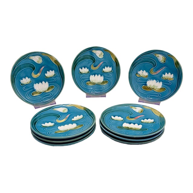 Vintage German Majolica Water Lily Plates, Attributed to Zell / Georg Schmider, No. 2474, Set of 9 For Sale