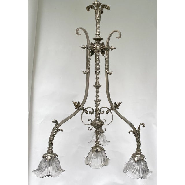 RARE large French, antique 19th-century silver chandelier with 4 lights and glass shades. Excellent leaf motif and ornate...