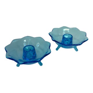 1940s Depression Era Pressed Glass Candle Holders in Turquoise - a Pair For Sale