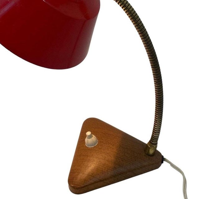 Red Desk Lamp with Faux Wooden Base and Accent & Brass Gooseneck For Sale - Image 4 of 9