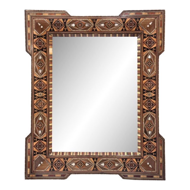 Vintage Marquetry Wood Inlay Mirror Frame With Mother-of-Pearl For Sale