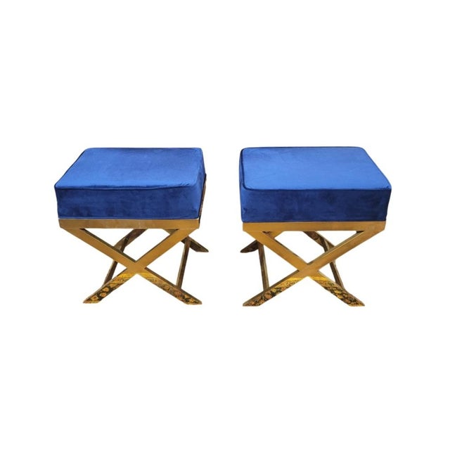 Pair Brass X Stools in Blue & Gold For Sale - Image 9 of 9