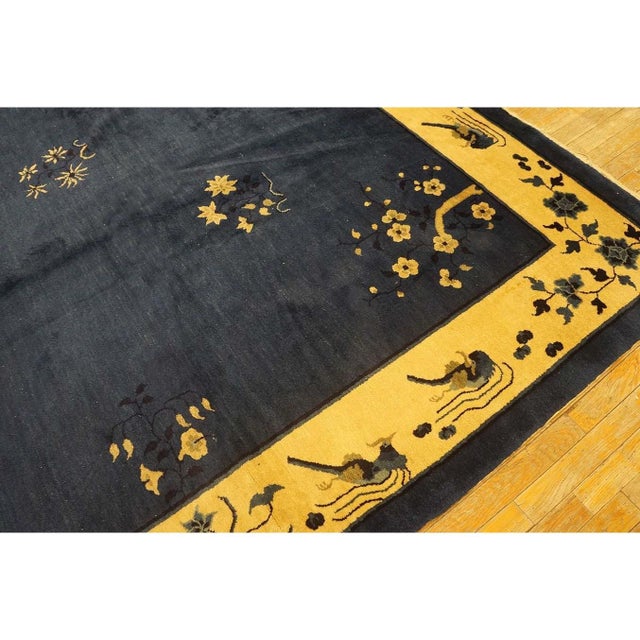 Textile 1930s Navy Blue Floral Deco Antique Chinese Peking Knotted Wool 9' X 11'4" Rug For Sale - Image 7 of 10
