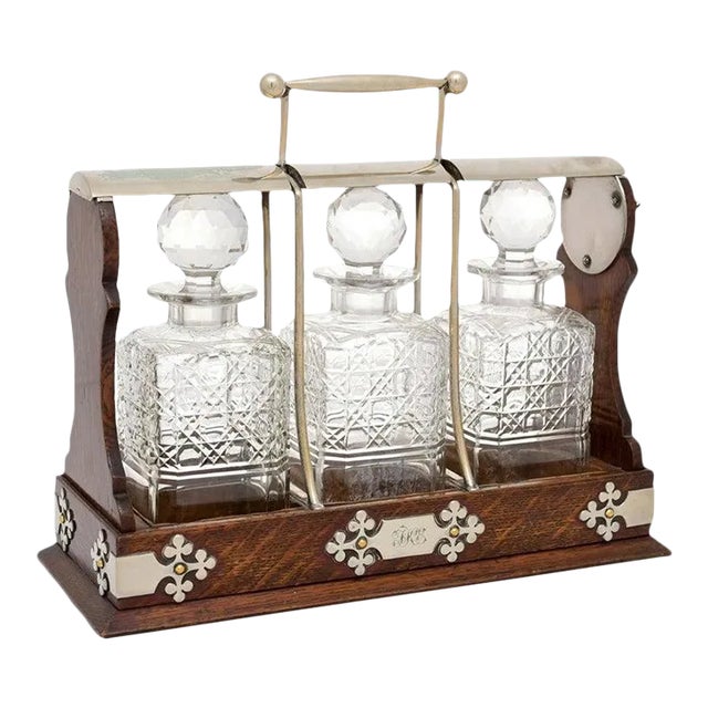 19th Century English Victorian Locking Tantalus with Three Cut Glass Decanters For Sale