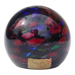 Vintage Fratelli Toso Murano Jet Black Optic Swirl Canes Italian Art Glass Mosaic Paperweight For Sale
