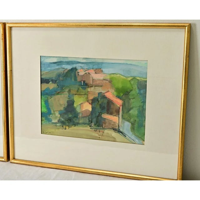French Pair of Vintage Watercolor Paintings in Gilt Frames For Sale In Baton Rouge - Image 6 of 8