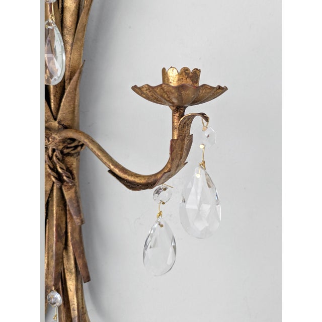 Hollywood Regency Vintage Italian Gilt Tole 2 Arm Wheat Candle Sconce With Glass Prisms For Sale - Image 3 of 7