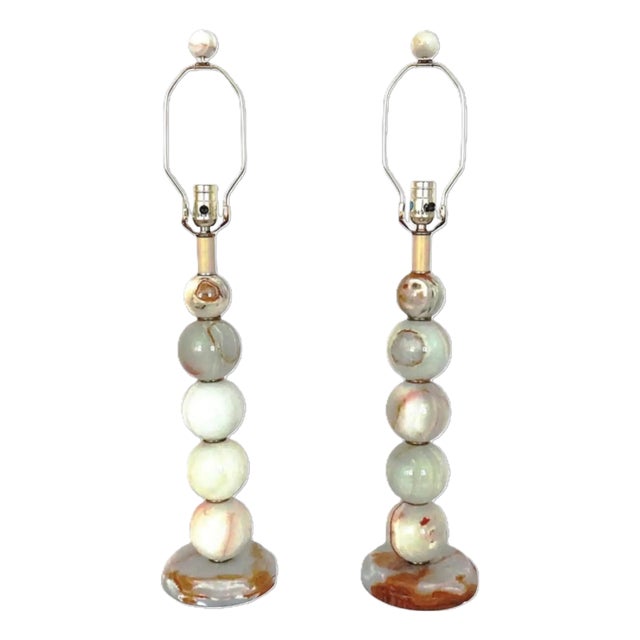 Mid 20th Century Pair of Stacked Onyx Ball Orb Table Lamps For Sale