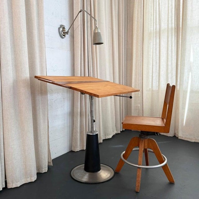 Wood 1950s Mid-Century Hydraulic Pump Pedestal Drafting Table by Belmont For Sale - Image 7 of 11