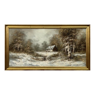 Snowy Cabin in the Woods - A Serene Winter Landscape Vintage Oil Painting 1975 Circa For Sale