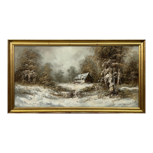 Snowy Cabin in the Woods - A Serene Winter Landscape Vintage Oil Painting 1975 Circa