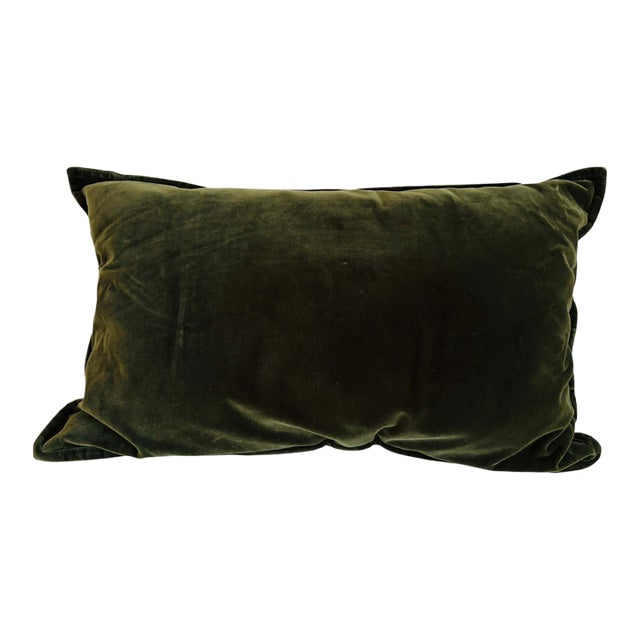 Rejuvenation Olive Green Cotton Velvet Lumbar Pillow, Hand-Crafted For Sale