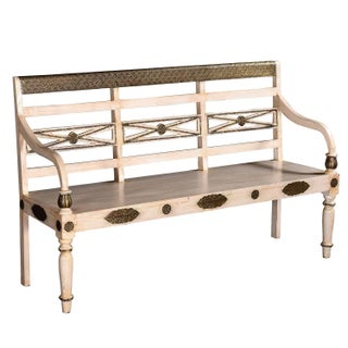 Vintage Solid Wood Sofa Bench | Distressed Off White Bench With Brass Accent For Sale