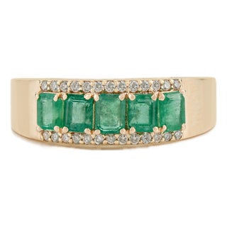 1.01ct Emerald and Diamond Statement Wide Band Ring in 14k Yellow Gold Size 4 For Sale