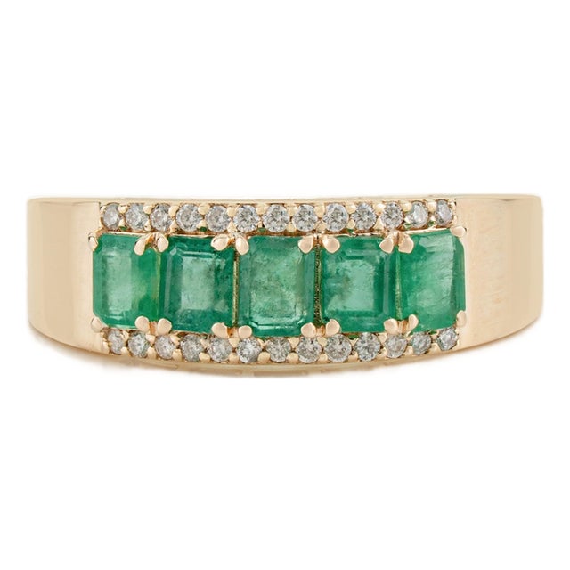1.01ct Emerald and Diamond Statement Wide Band Ring in 14k Yellow Gold Size 4 For Sale