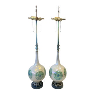 Vintage Mid-Century Modern Reverse Painted Glass Teardrop Table Lamps - a Pair For Sale