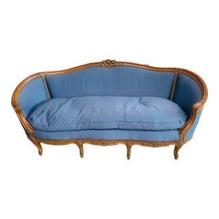 Antique Louis XV Style Navy Moire Upholstered Sofa With Nailhead Trim For Sale